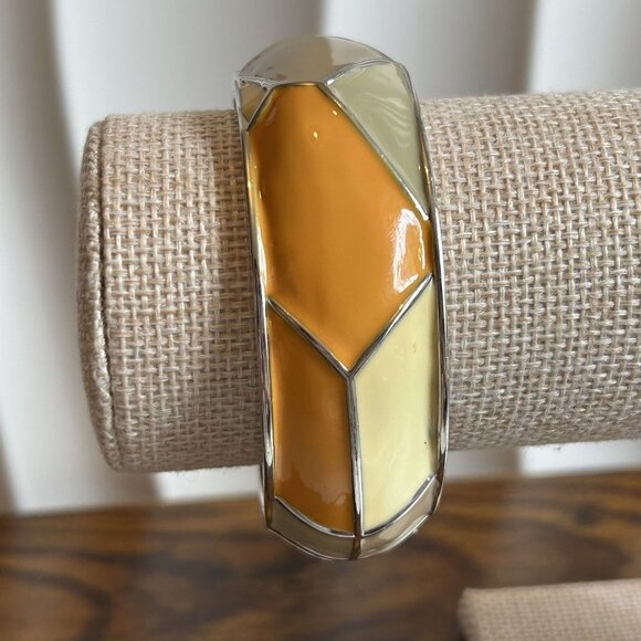 Vintage Enamel Clamper Bracelet Cuff Bangle Clamper Bracelet Orange Tan Yellow - Picture 2 of 7